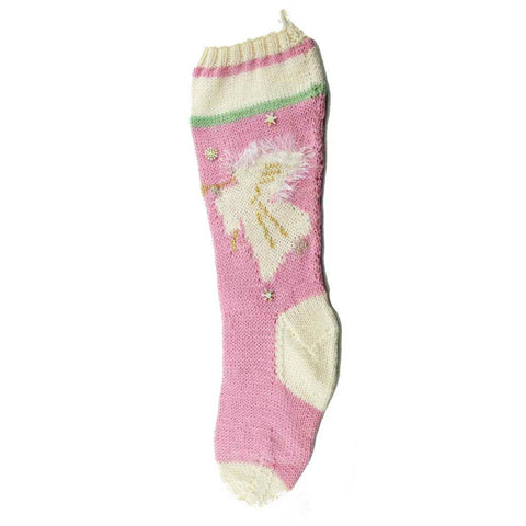 Angel Christmas Stocking Hand Knit Finished On Pink Stocking - 7017-P