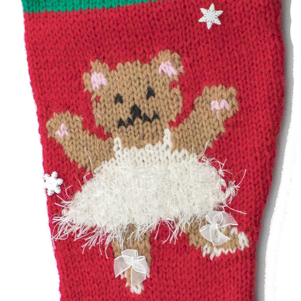 Ballerina Bear Christmas Stocking (red stocking) Hand Knit Finished - 7003-FR